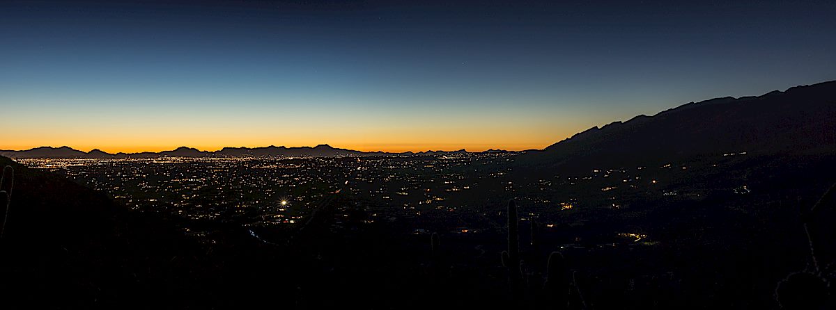 Tucson city lights from the descent into Agua Caliente Wash. February 2015.