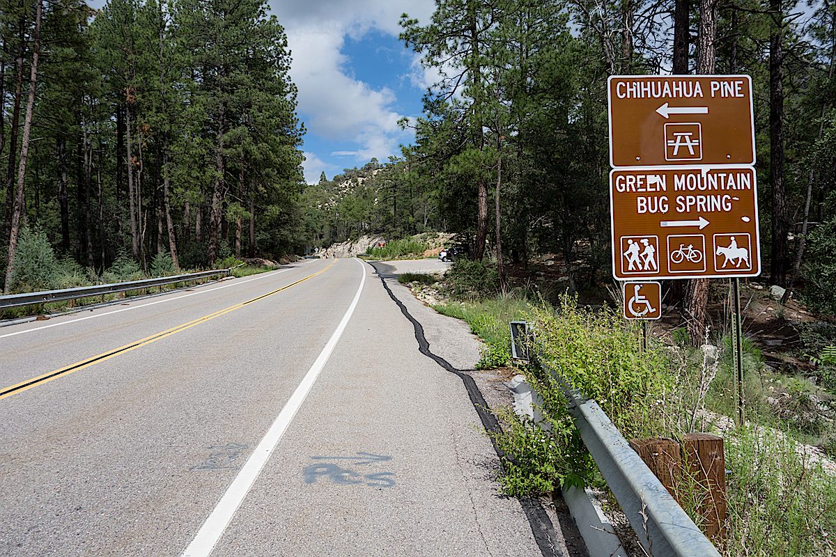 Highway sign for the Lower Green Mountain Trailhead (the Bug Spring and Green Mountain Trails leave from this trailhead). September 2014.