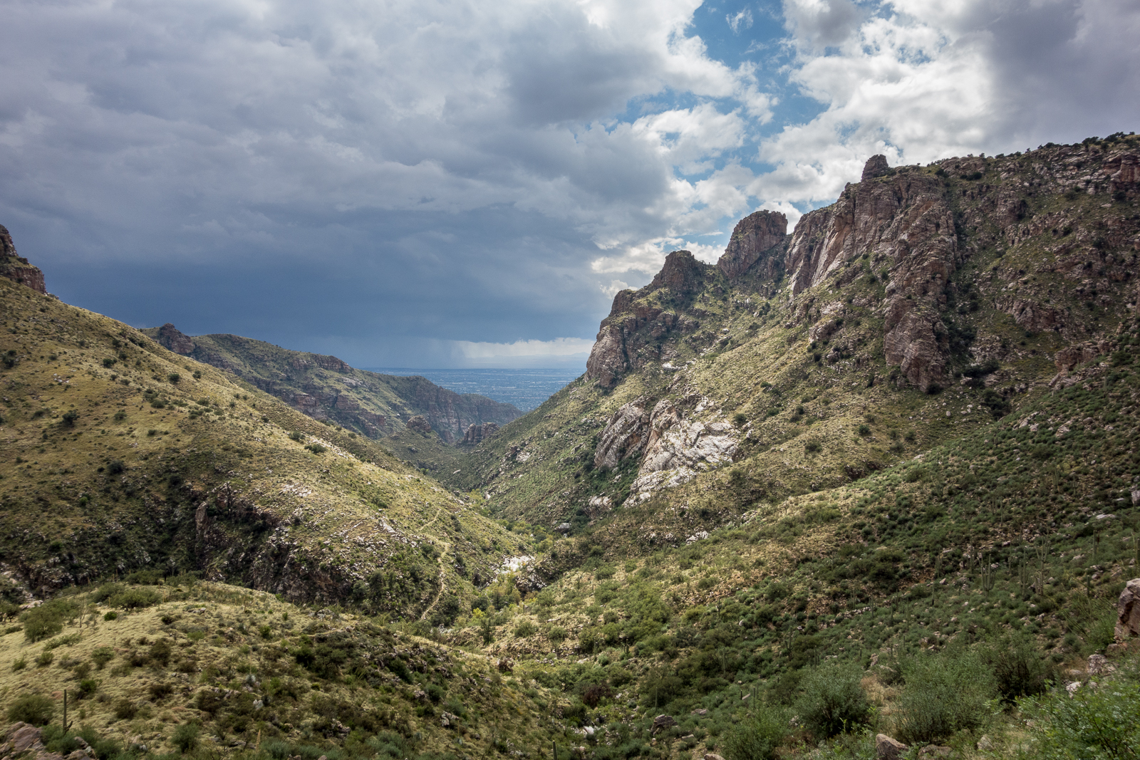 Looking down Bear Canyon - rain in Tucson and a break in the clouds above. October 2015.