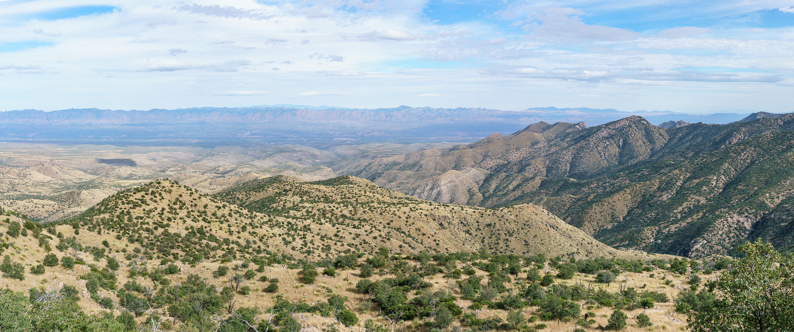 Looking down the mountain into the San Pedro River Valley from Lombar Hill - Alder Canyon and the ridge between Alder and Edgar Canyons are on the right - if you zoom in you can see Black Hills Mine Road and the road to Ventana Windmill descending into Alder Canyon. October 2016.