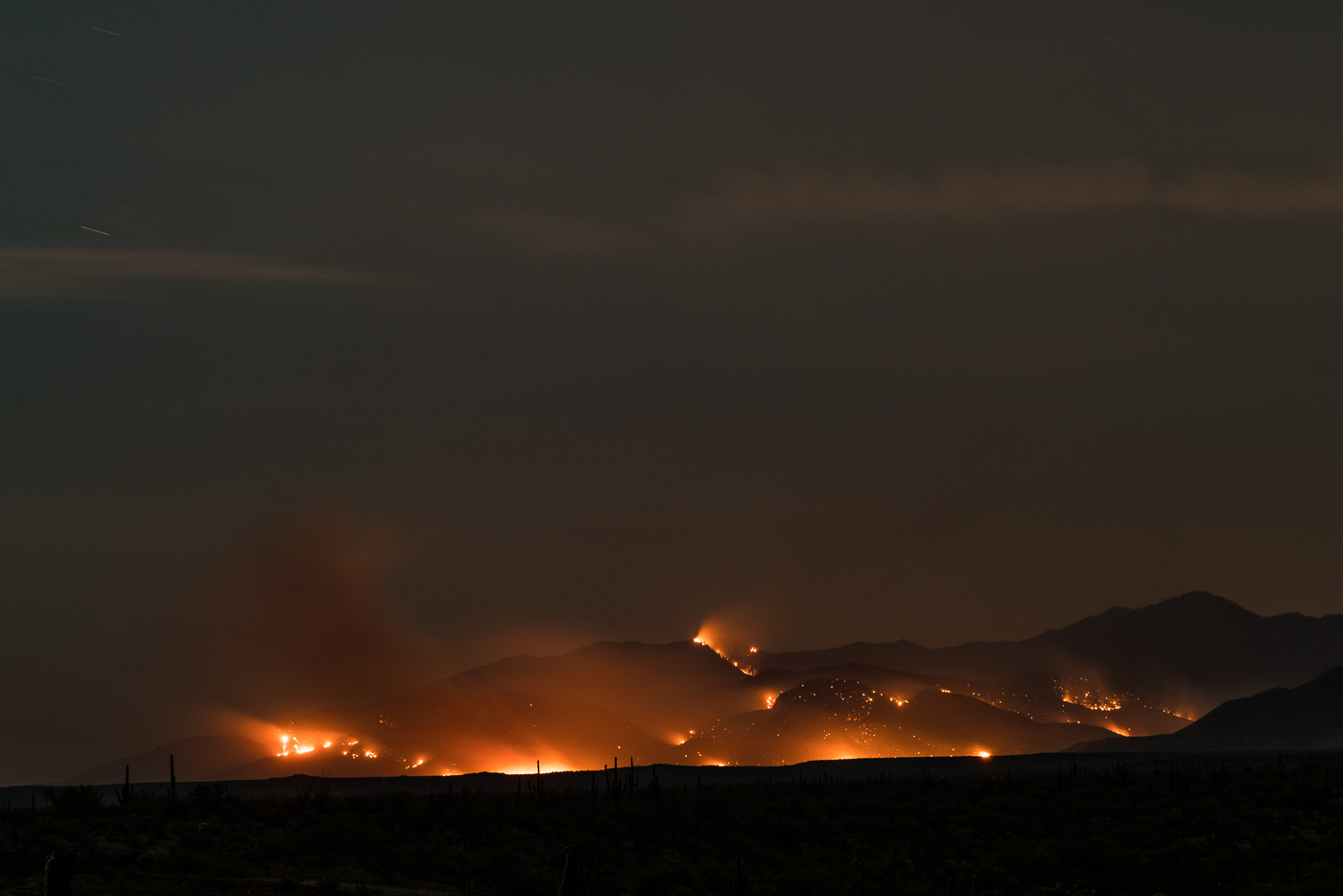 Evans Mountain and the slopes below burning in the Burro Fire on the night of the 5th. July 2017.
