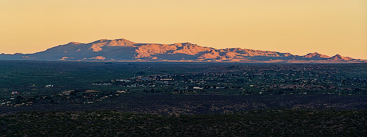 Black Mountain in the sunset light from the mouth of Dead Horse Canyon. December 2017.