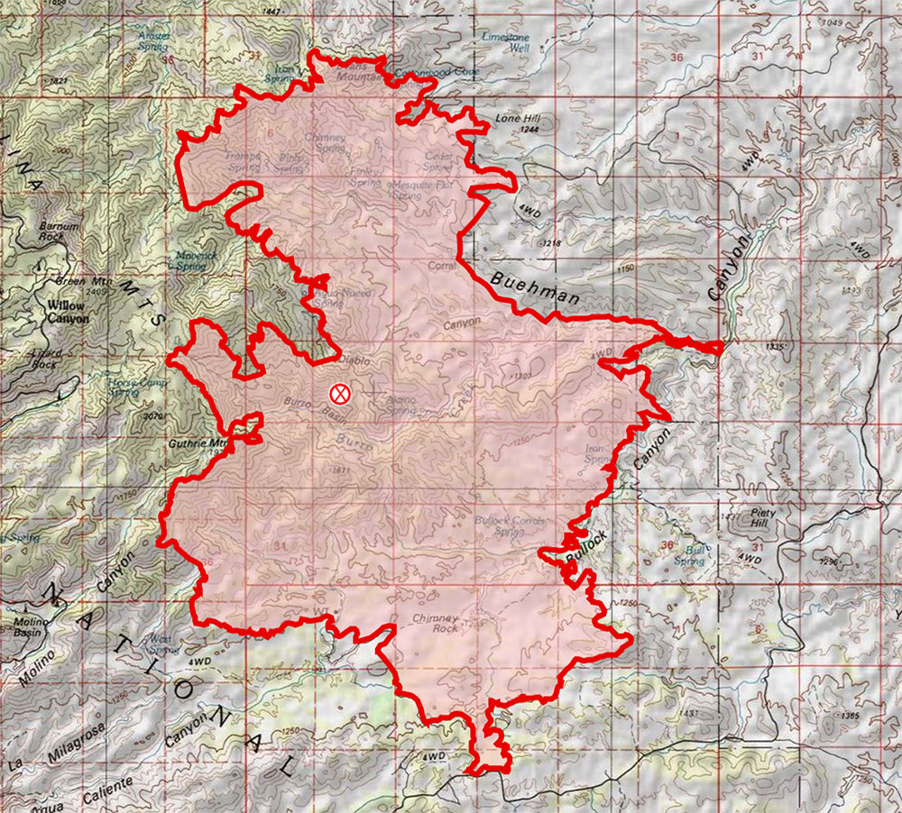 Burro Fire Topo Map from 7/4 7:25 AM. July 2017.