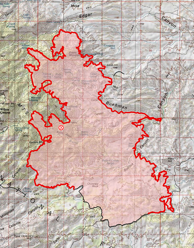 AM Map from July 5th - on the NE side the fire has burned down towards Edgar Canyon, on the south side there is now a significant stretch of fire line that is no longer marked as active. July 2017.