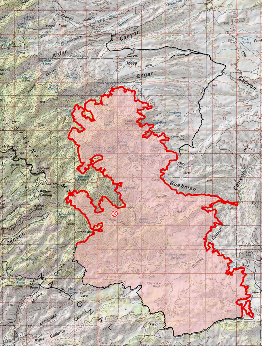 7/7/2017 6:50 AM - Burro Fire Map - compared to Thursday AM there has been growth in the Edgar Canyon/Peck Basin area and a substantial number of fire lines added. July 2017.