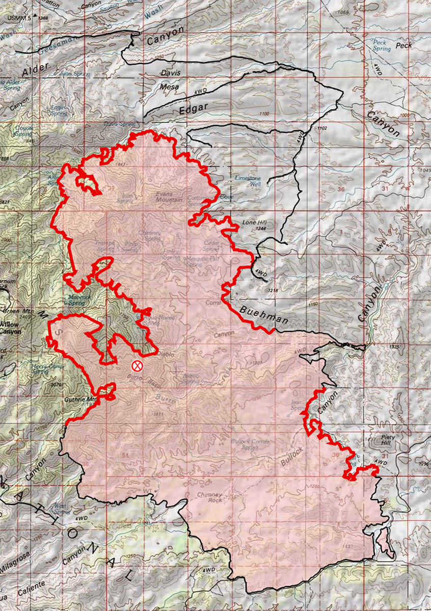 Burro Fire - 7/8 AM Map - compared to the 7/7 AM map there are additional fire lines on the north and east side of the fire with only modest additional areas burning on the north and west sides. July 2017.