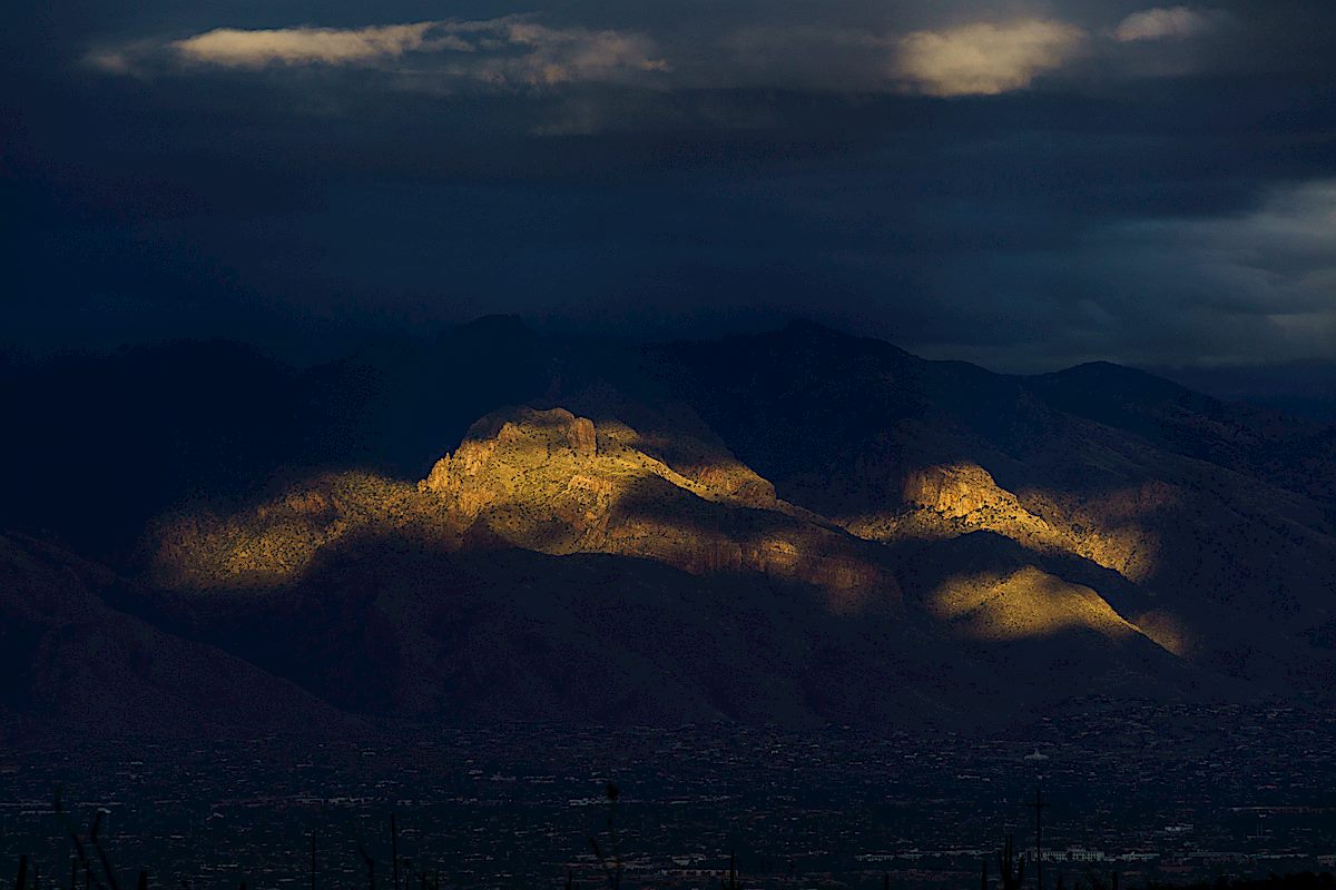 Light on the south side of the Santa Catalina Mountains from Saguaro National Park East. February 2018.