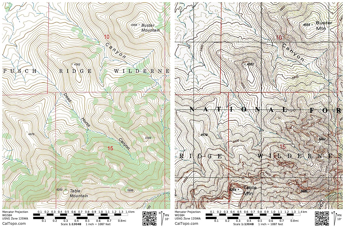 The USFS's FSTopo map on the left with Dead Horse Canyon labeled - the USGS Topo on the right without Dead Horse Canyon labeled. January 2018.