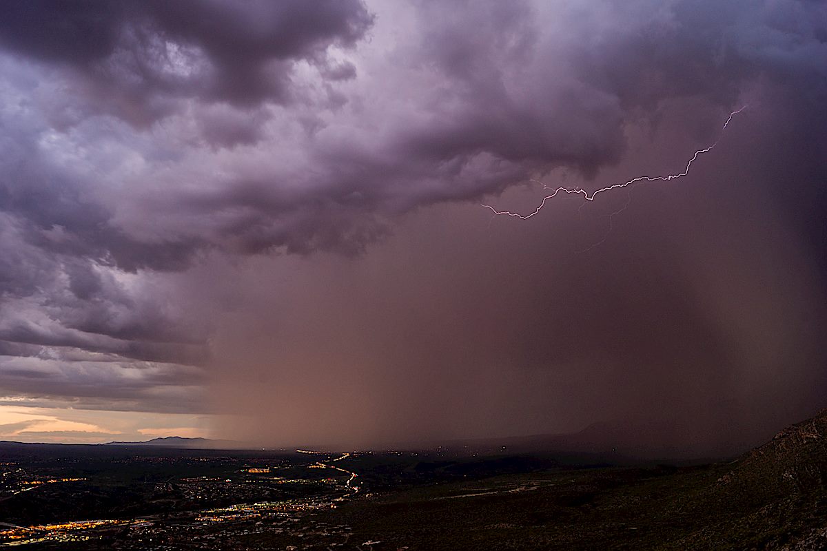 Lighting, clouds, rain and City Lights from a viewpoint off the Northwest Side Route. August 2014.