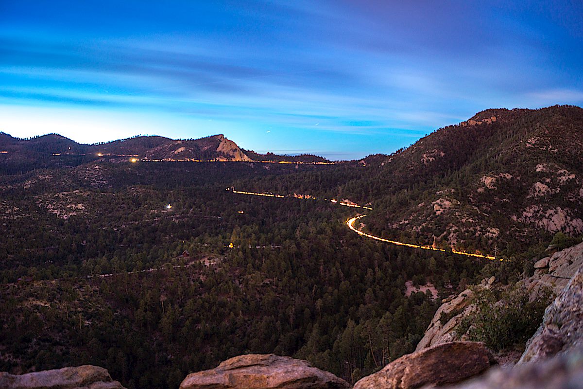 Night on Lizard Rock - cars streaking down the General Hitchcock Highway - Barnum Rock on the skyline. June 2013.