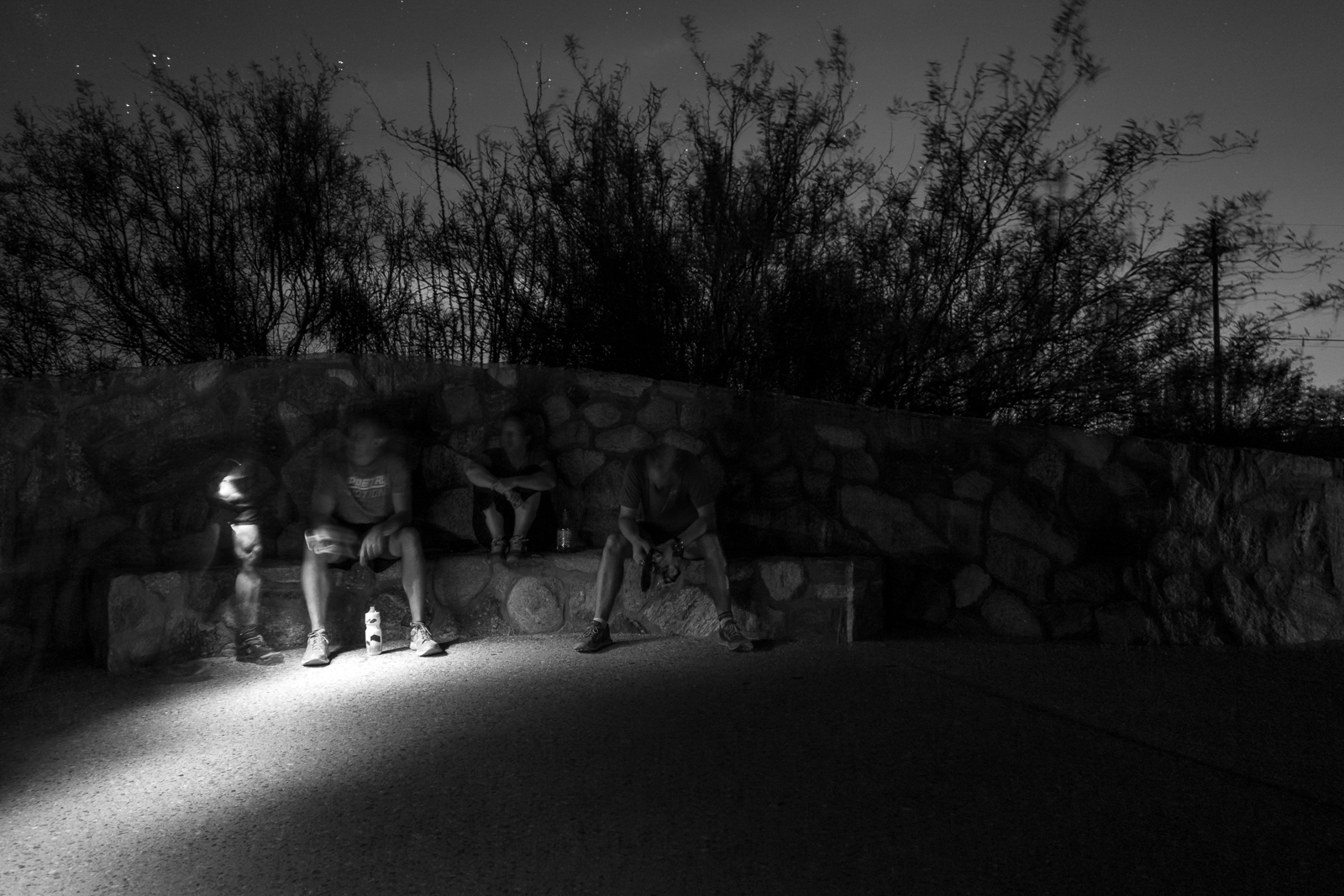 Sitting in the dark at the finish - near the Sabino Canyon Parking Area. July 2015.