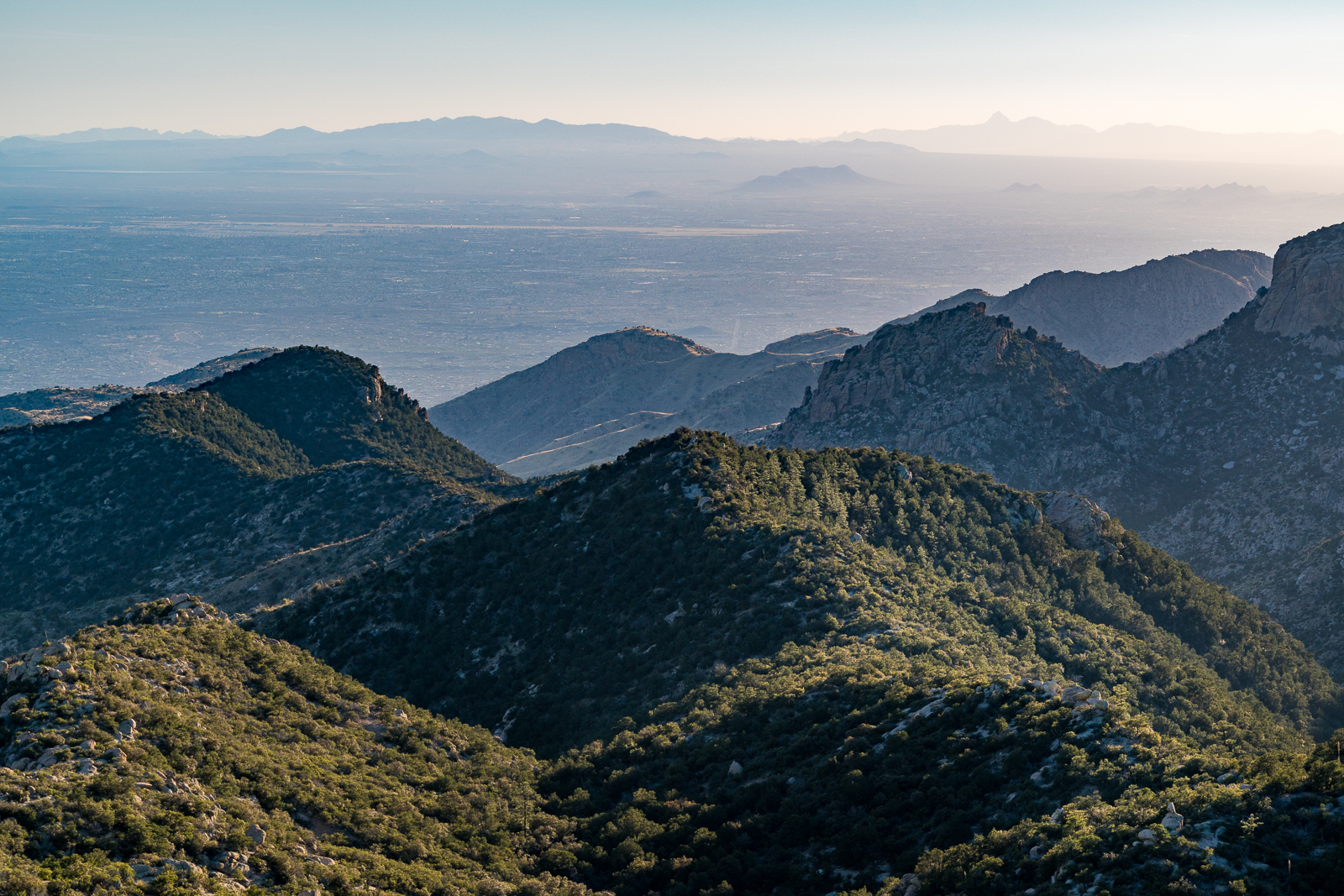Looking across Point 6069 down into Tucson from the USGS Guthrie Mountain - part of Airmen Peak is visible on right edge of the picture. March 2016.