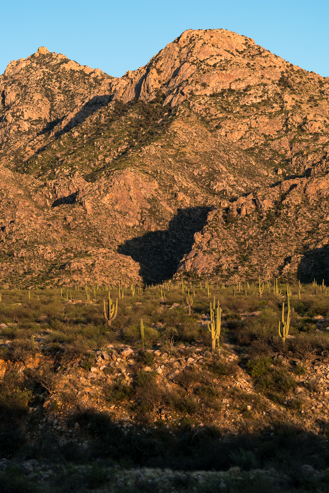 Romero Canyon - marked by the shadow in the middle of the picture - exiting the mountains and heading into Catalina State Park. March 2016.