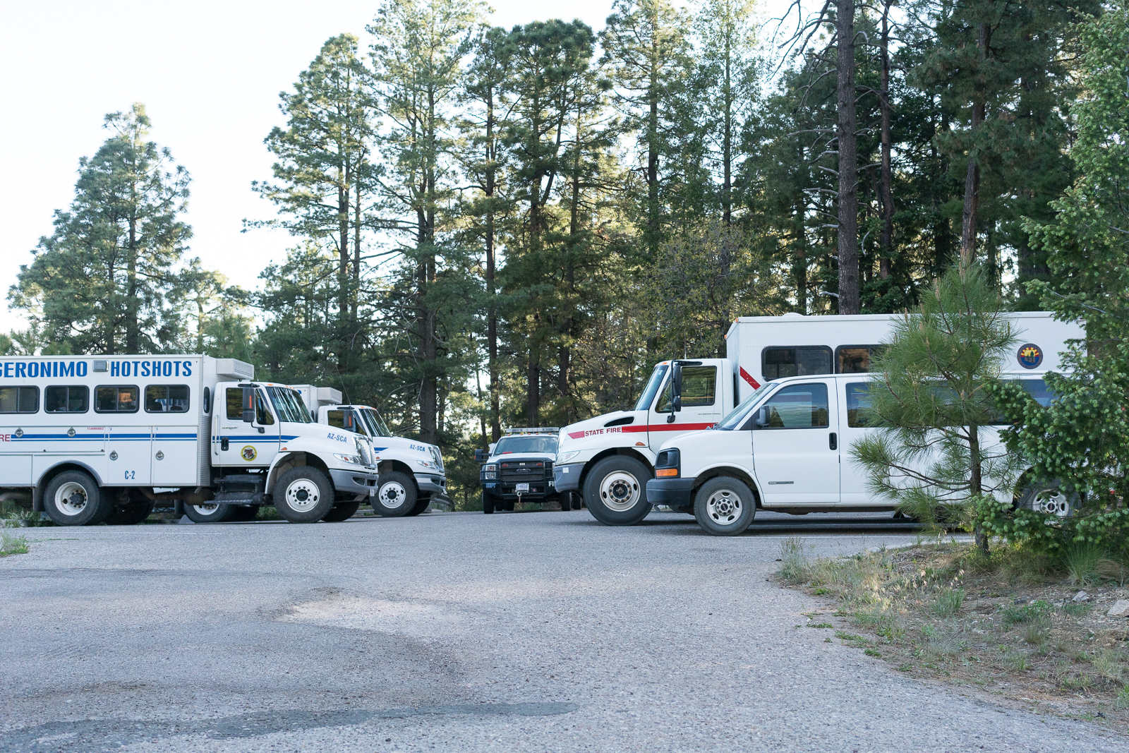 Fire Crew Vehicles at the Box Camp Trail for the Montrose Fire. May 2016.