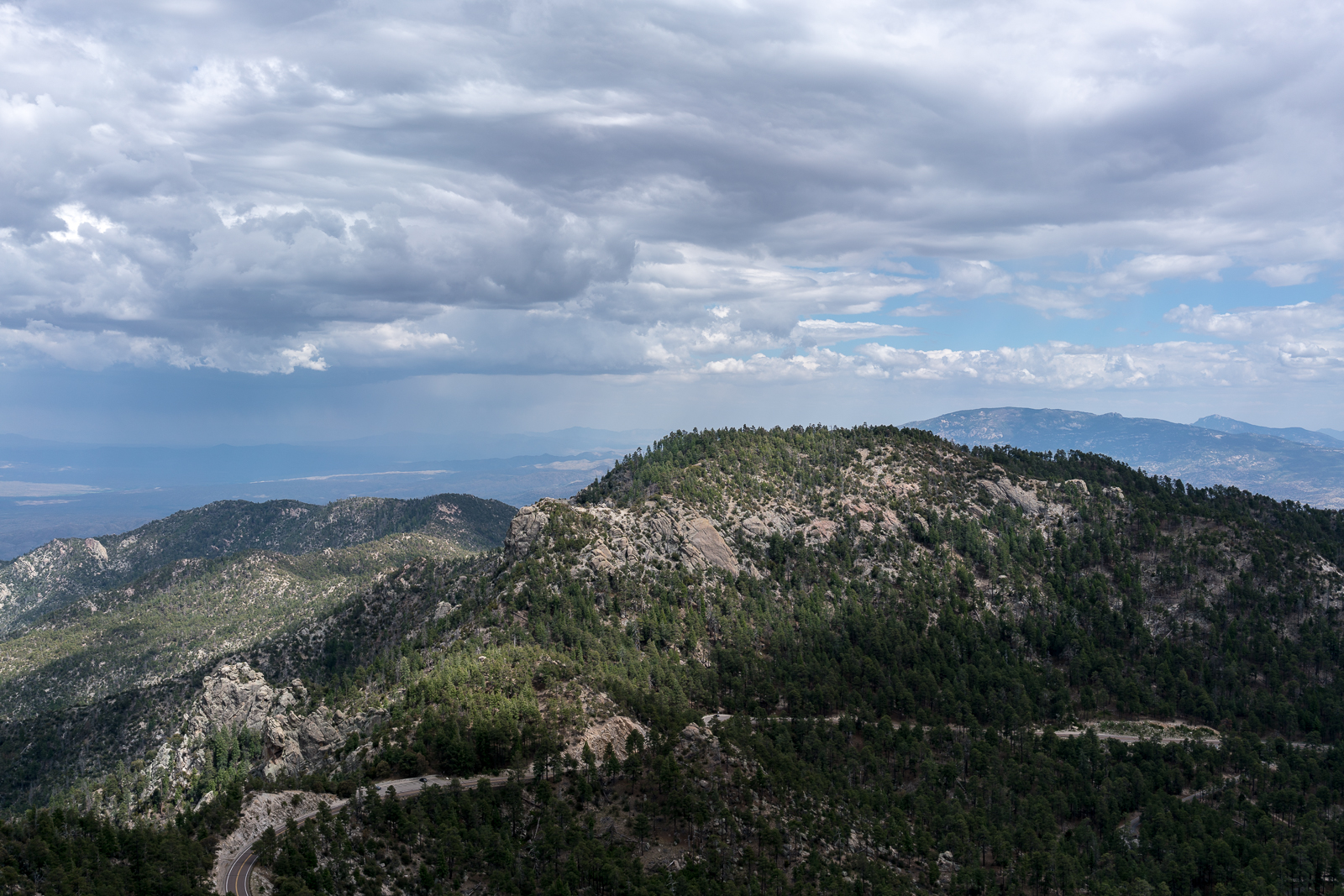 From Barnum Rock: Green Mountain - center, Guthrie Mountain - left, San Pedro Vista - lower left, Mica Mountain in the Rincon Mountains - right. May 2016.