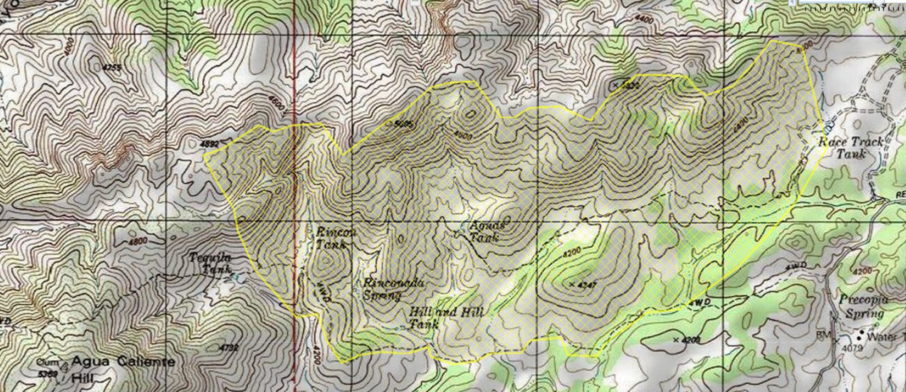 The perimeter of the Race Track Fire - note Agua Caliente Hill in the bottom left of this map and Redington Road on the far right. June 2016.