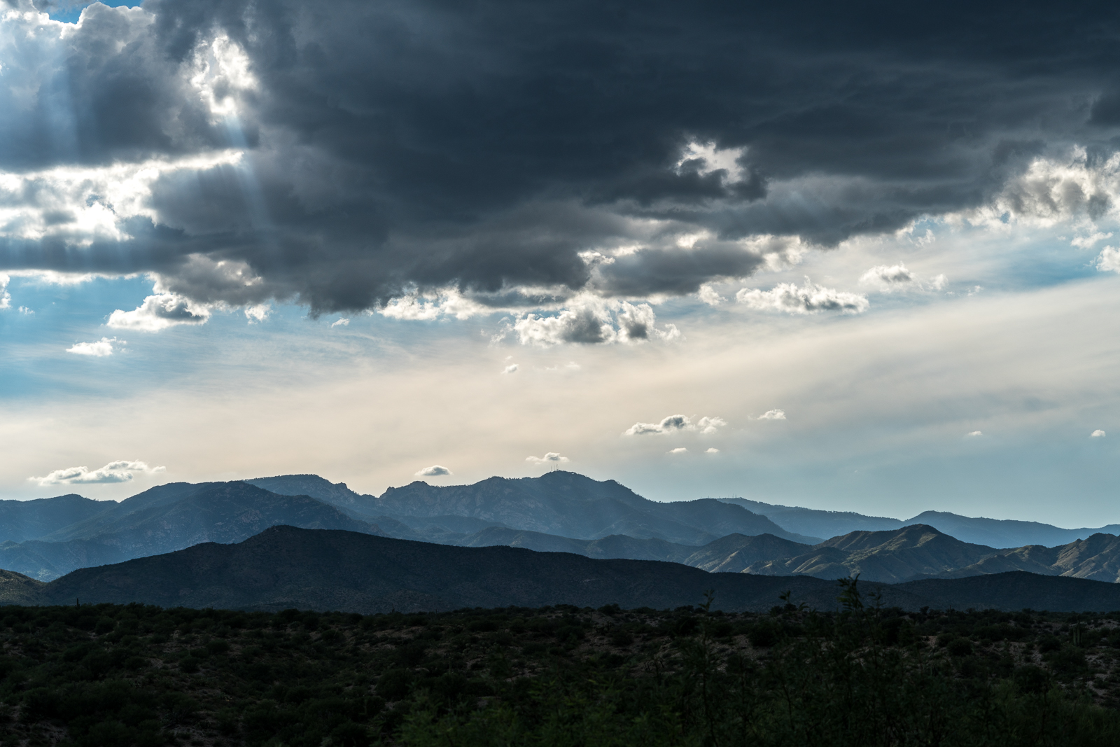 The Santa Catalina Mountains from a ranch road on the A-7. August 2016.
