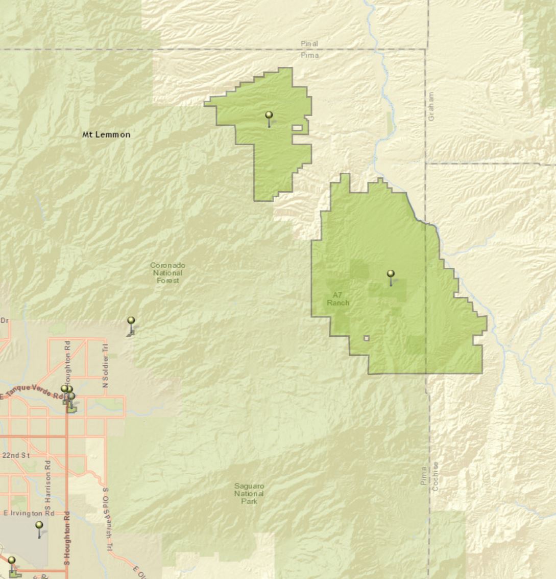 Two of Pima County's open space purchases - the Six Bar Ranch (upper) and the A-7 Ranch (lower). Santa Catalina Mountains (upper left), Rincon Mountains (lower center) and the edge of the Galiuro Mountains (upper right). July 2016.