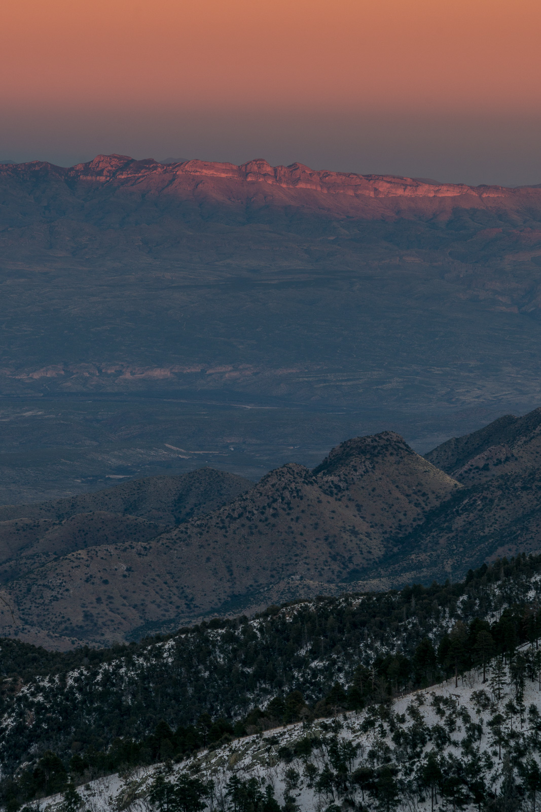 Last light on the Galiuro Mountains from the Box Elder Picnic Area. January 2017.