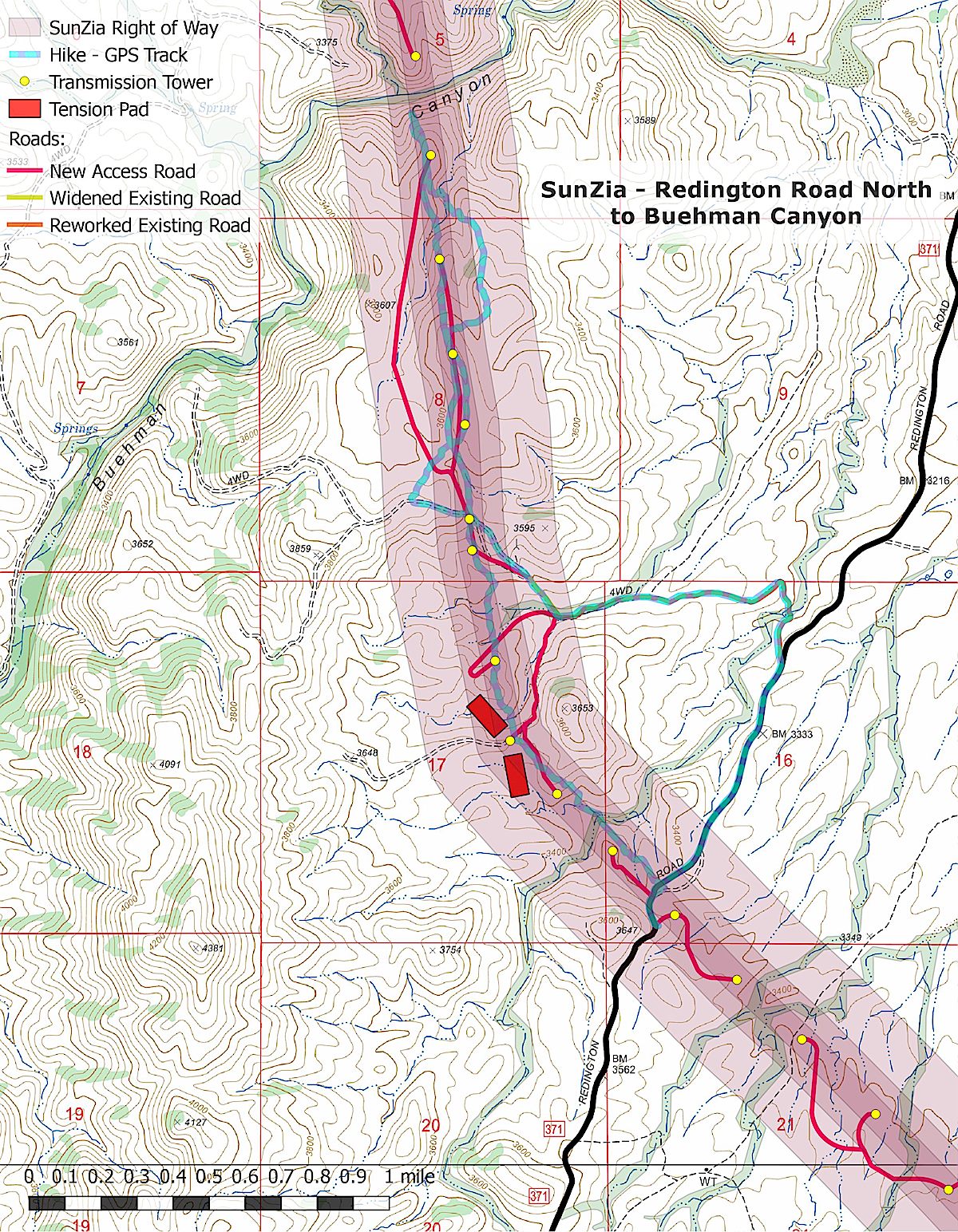 A map of the SunZia Line as it leaves Redington Road and proceeds north to Buehman Canyon. December 2017.