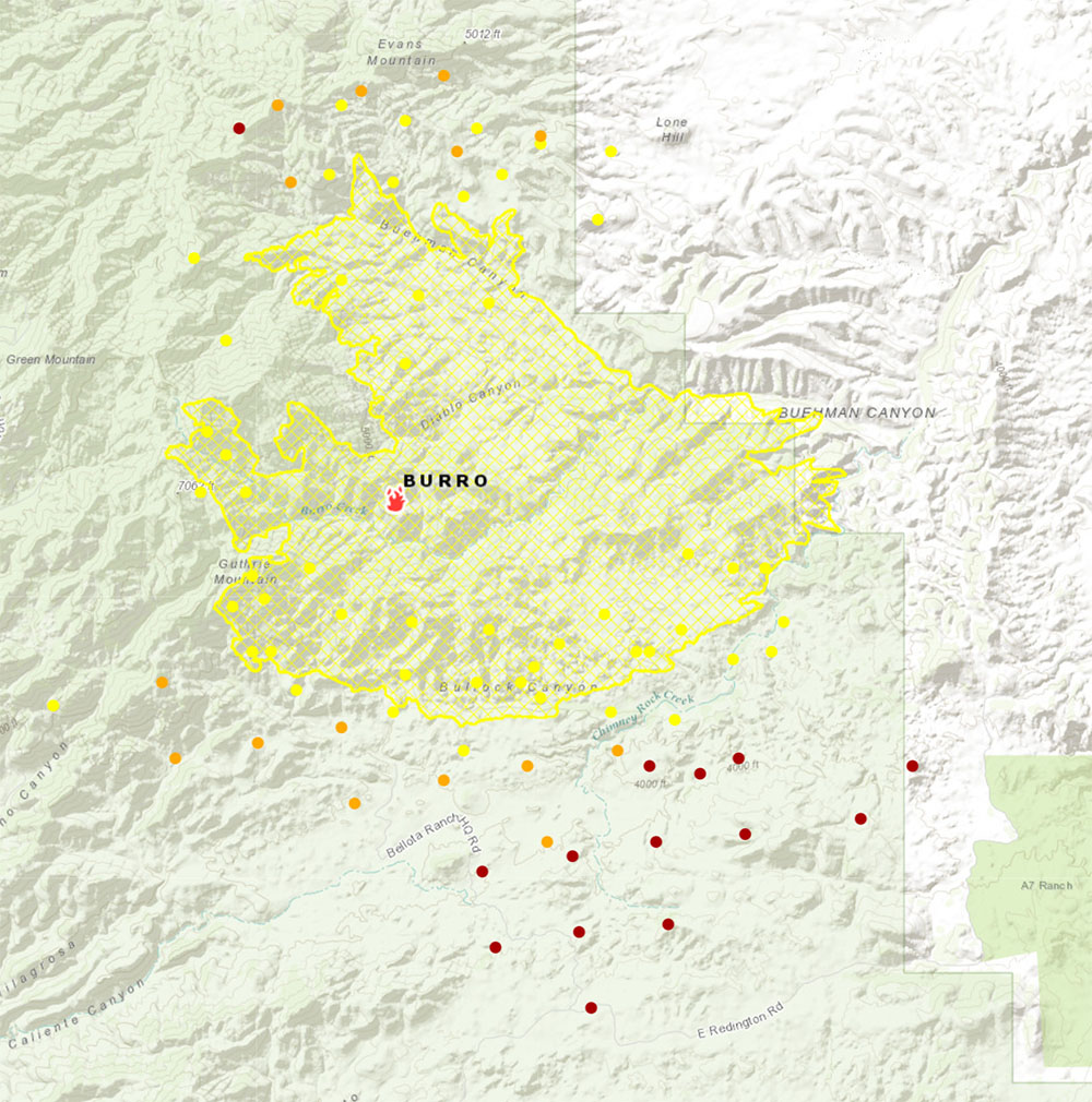 Burro Fire Map 7/4 7:25 AM - since yesterday there has been considerable growth to the south. July 2017.