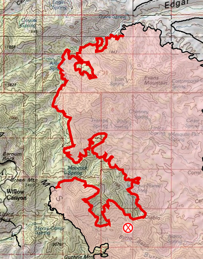 Burro Fire - 7/12/2017 8AM - At 74% containment the only active perimeter remaining is on the NW side of the fire. July 2017.
