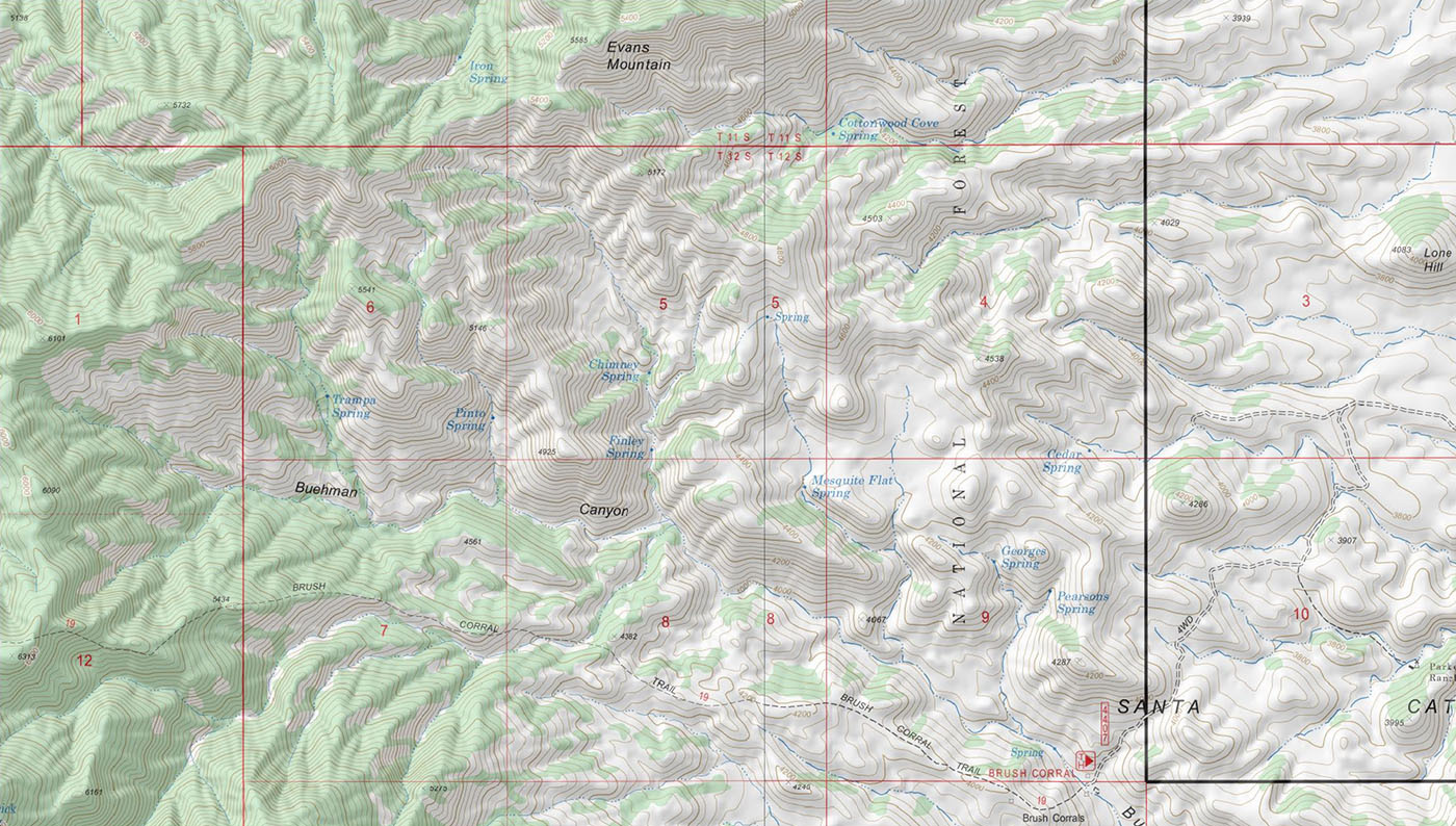 The area between Evans Mountain and Buehman Canyon has 11 marked springs. May 2017.