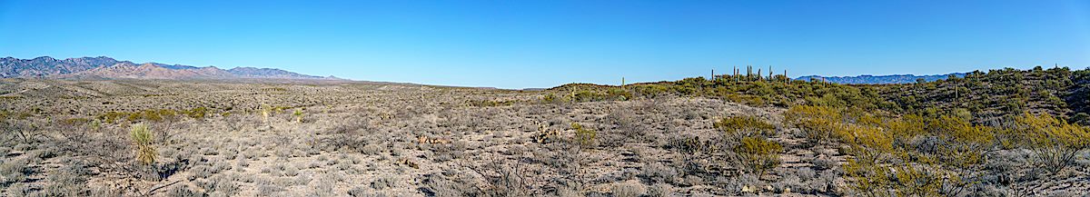 A panoramic view from the SunZia route with both the Santa Catalina Mountains (left) and Galiuros (right) in the distance. February 2018.