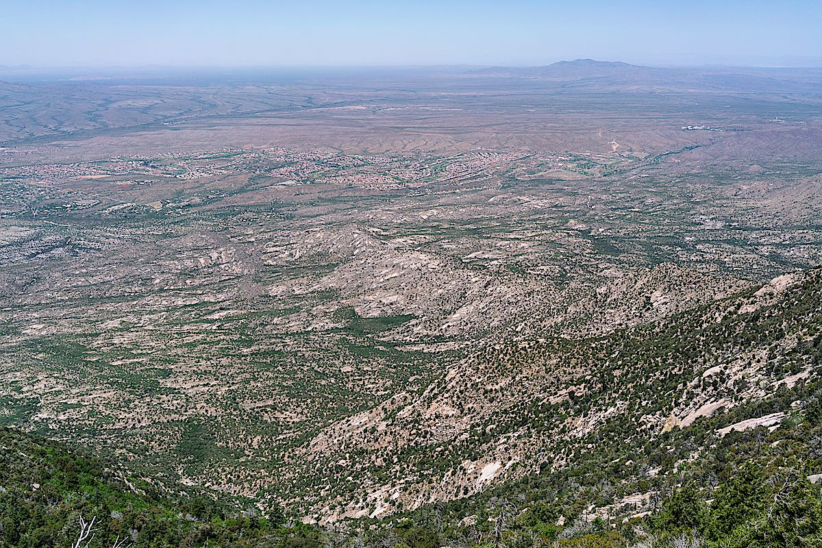 Looking down from Samaniego Peak with Saddle Brooke, the Charouleau Gap Road, Golder Ranch area trails, the Cordones and the Biosphere all in frame. May 2018.