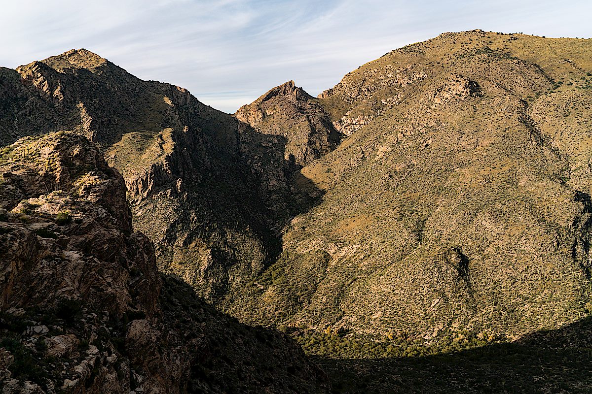 Looking across Pima Canyon to Pusch Peak, The Cleaver and Bighorn Mountain from just below Rosewood Point. December 2018.