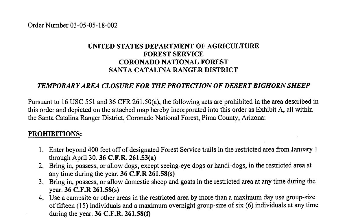 The top section of the Temporary Area Closure for the Protection of Desert Bighorn Sheep signed in October of 2017. October 2017.