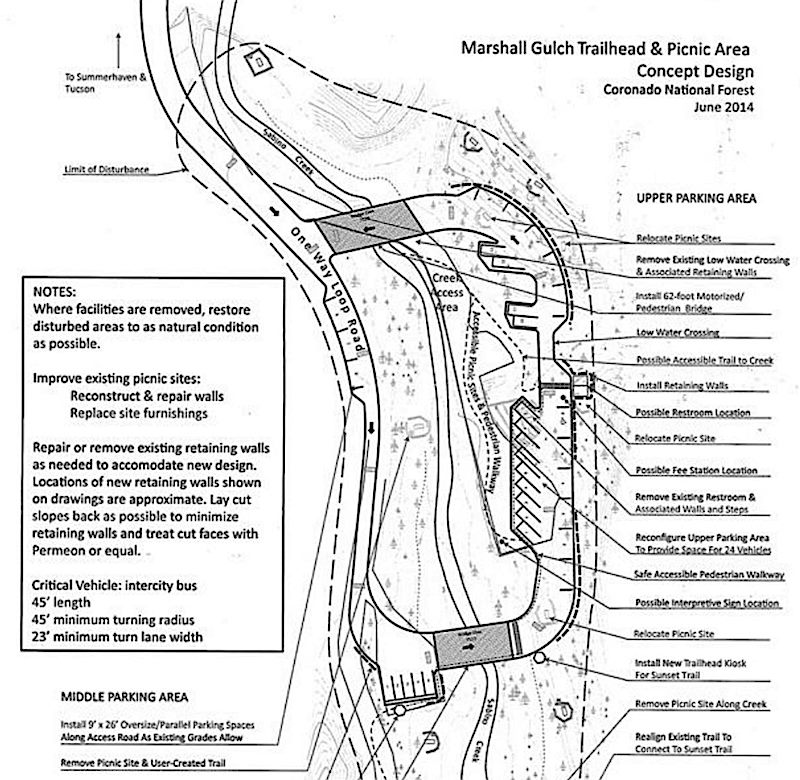 Conceptual Design Document for the proposed Marshall Gulch changes - the current 'main' trailhead parking and bathroom are below the area shown here and are eliminated to restore the area where Marshall Gulch and Sabino Canyon meet. January 2018.