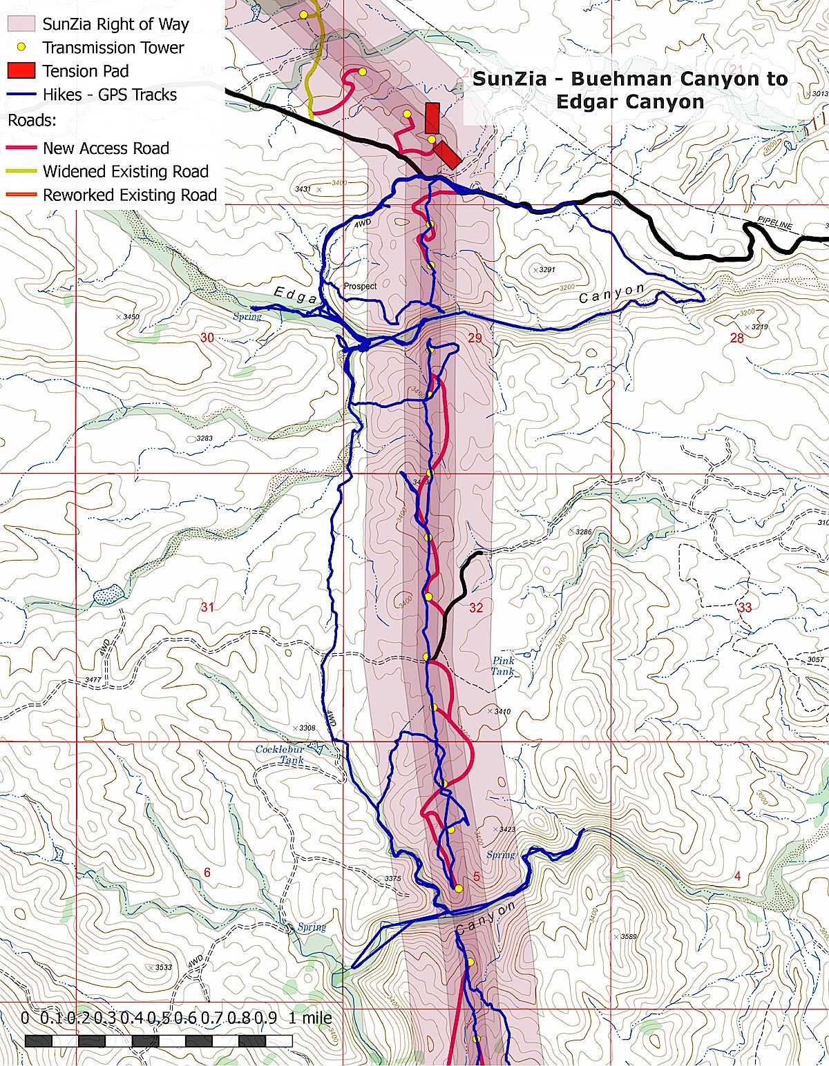 The proposed SunZia route from Buehman to Edgar Canyon - 12 towers (yellow dots), miles or new roads plowing thru the desert (red lines), 4 days of exploring the area (blue lines). March 2018.