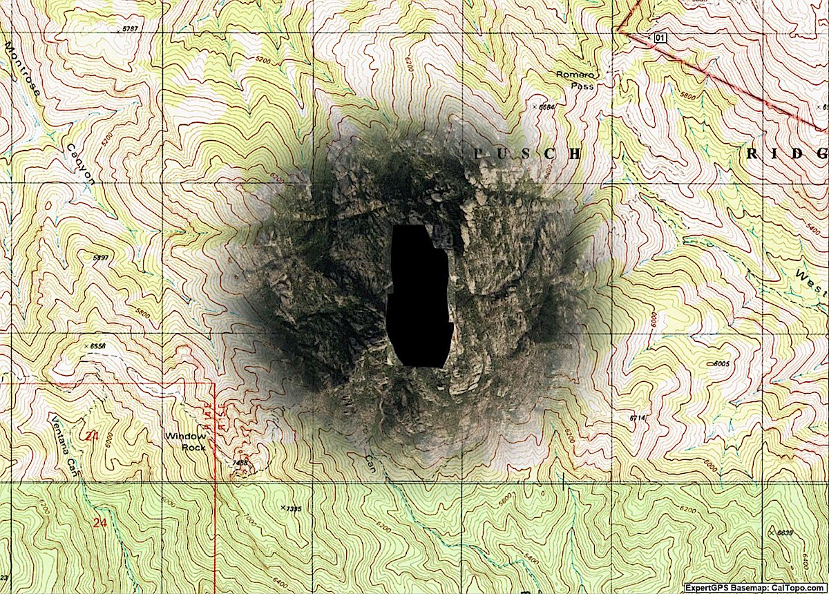 The Google Maps black blob covering the Cathedral Rock Area - surrounding topo map for reference. January 2019.
