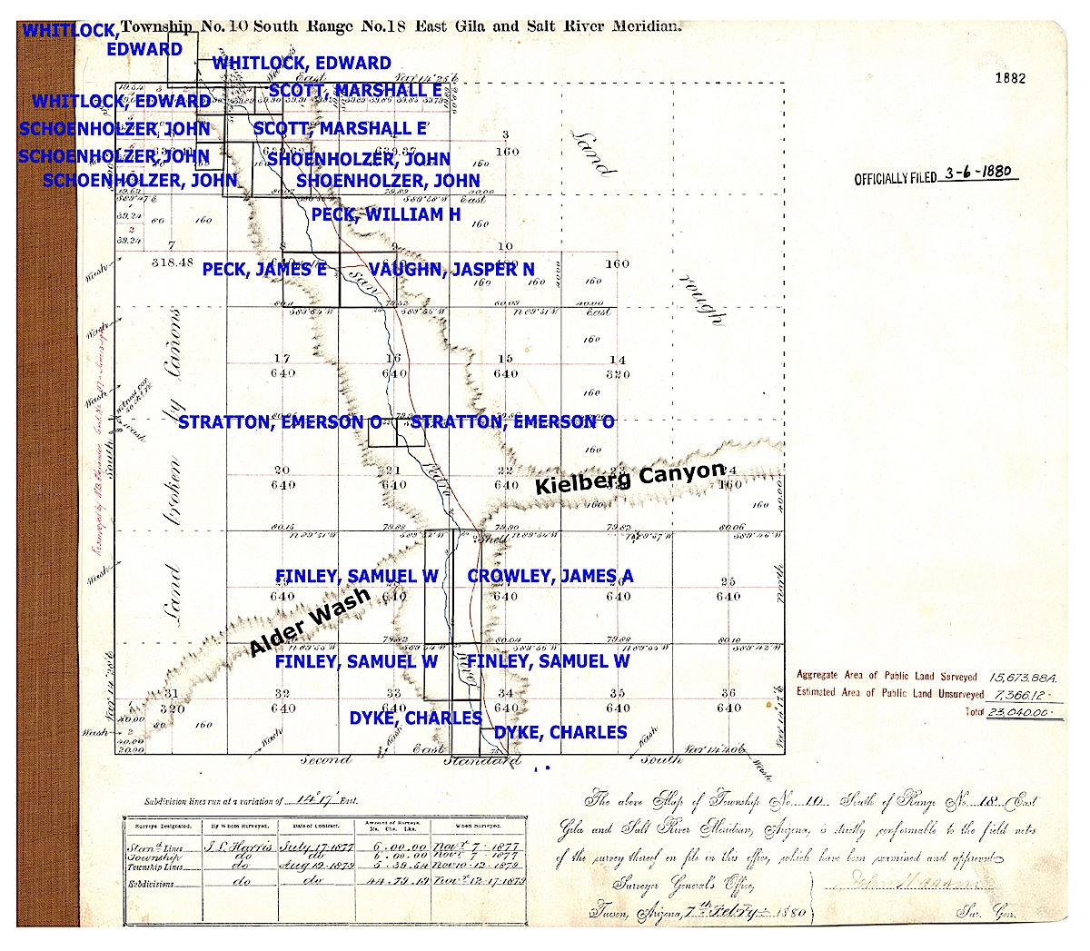 Original Survey of Township 10S Range 18E - approved in 1880 with land ownership, including the Peck's land, overlaid and Alder Wash and Kielberg Canyon labeled. February 2019.