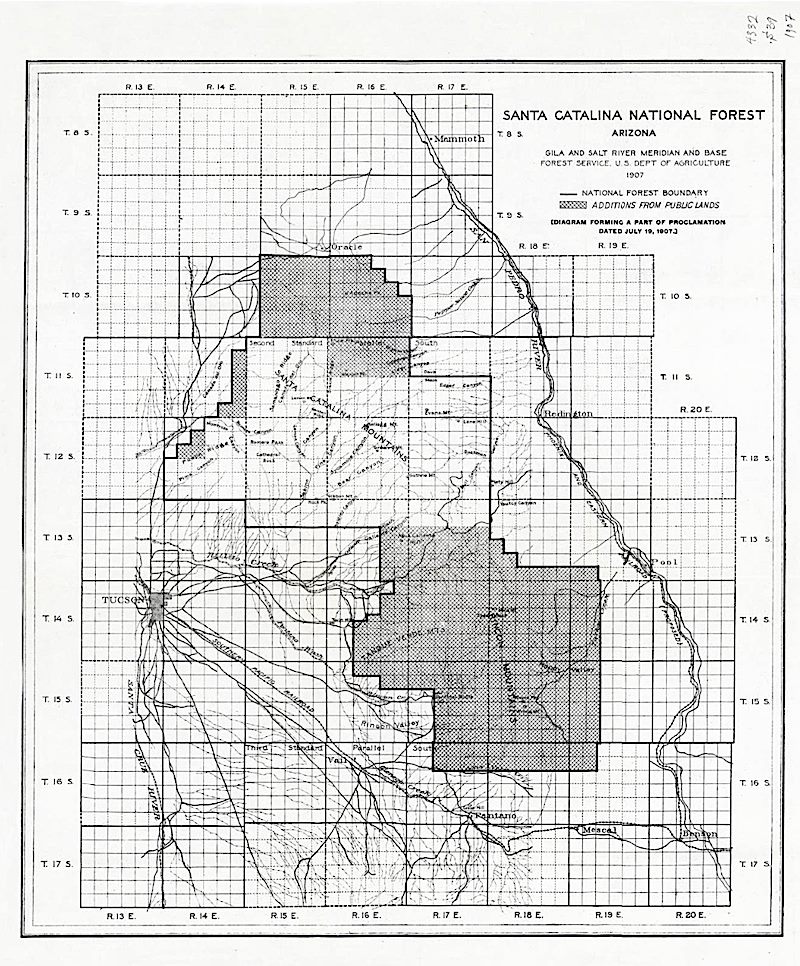 A map showing the 1907 expansion of the Santa Catalina National Forest. February 2019.