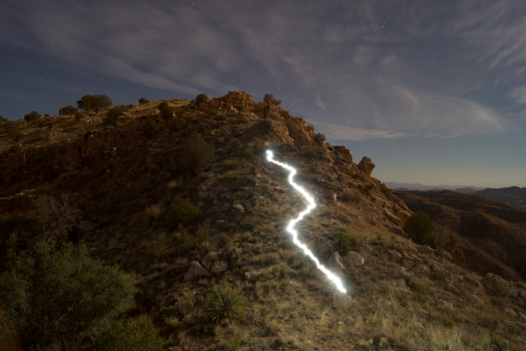 Headlamp trail along the final descent before climbing up to Point 4981. May 2013.