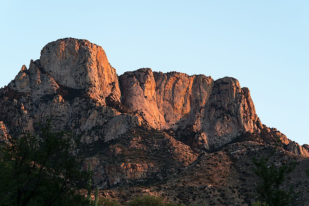 Sunset light on Table Mountain from Alamo Canyon in Catalina State Park. April 2016.