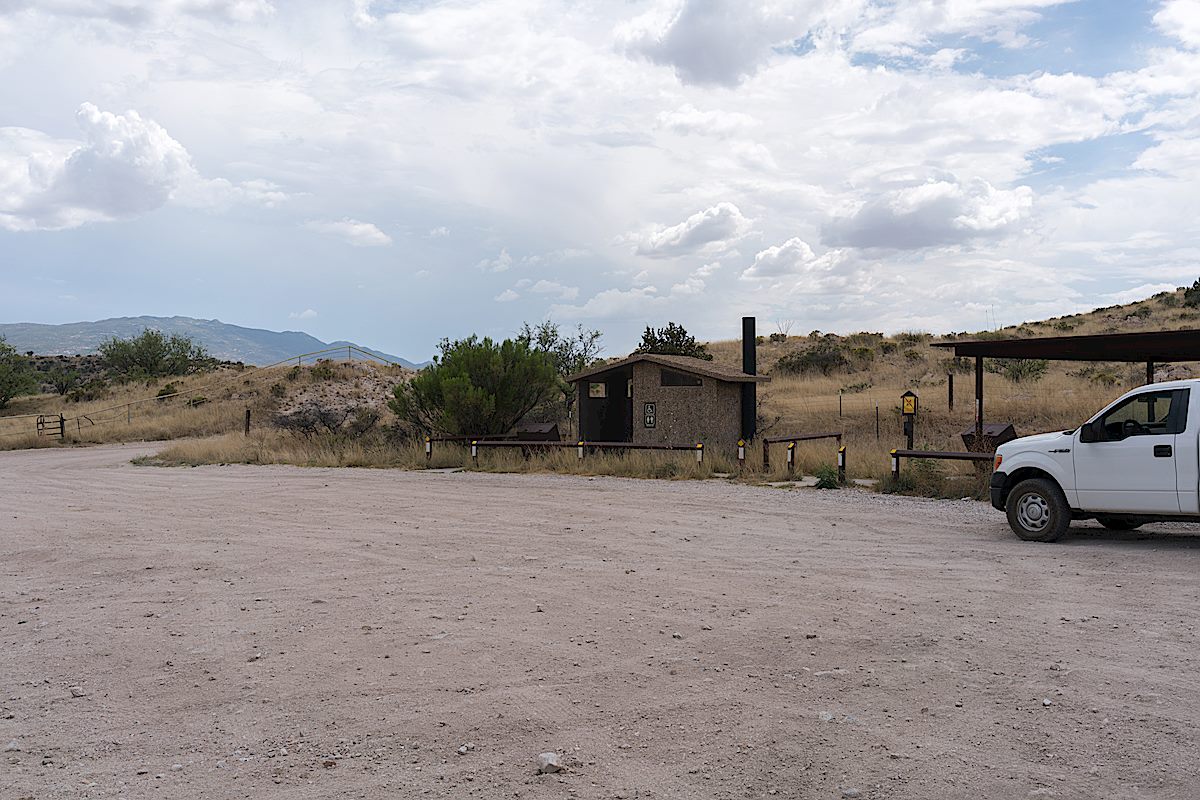 Redington Pass Backcountry Touring  Staging Area - Redington Road on the left, Mica Mountain (in the Rincon Mountains) in the distance. July 2016.