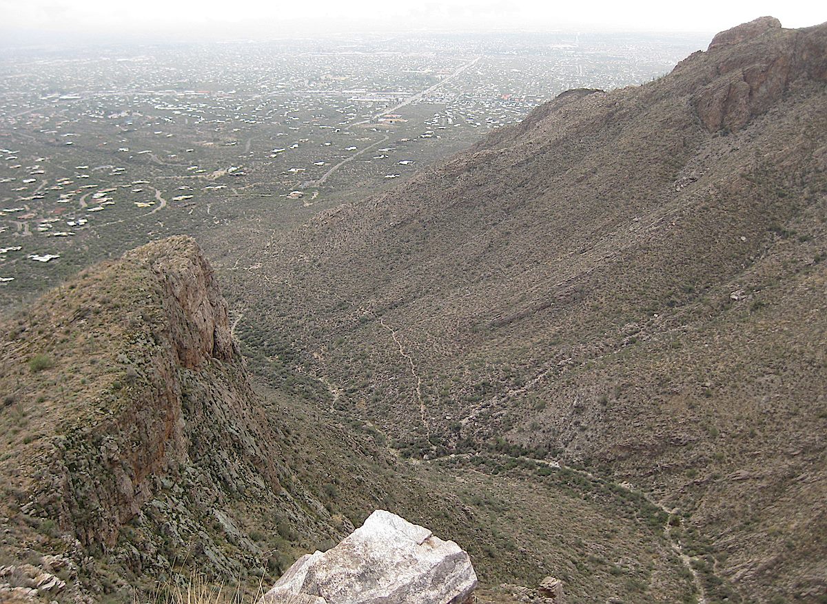 Looking down from the Rosewood Point Area into Pima Canyon - part of the Pima Canyon Trail is visible down in the canyon. November 2011.